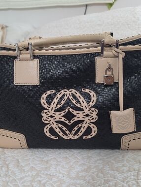 Leather-Trim Woven Satchel Bag - Black & Beige